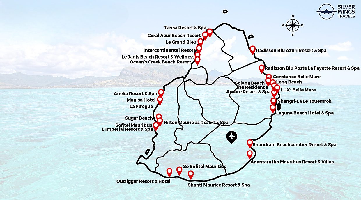 Map of Mauritius showing resort locations